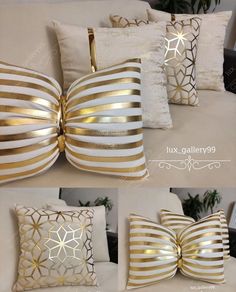 gold and white pillows with decorative designs on them