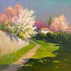 an oil painting of trees and flowers on a wall with a path in the foreground