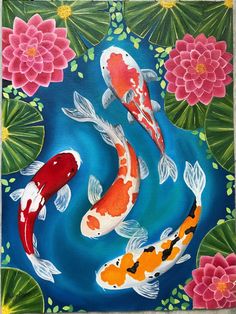 three koi fish swimming in a pond with pink flowers