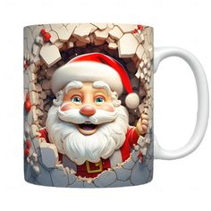 a coffee mug with a santa clause on it's face and broken glass in the background