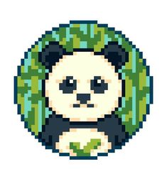 a pixel art panda bear with green leaves around it's neck and head in the shape of a circle