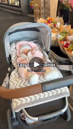 a baby is in a stroller with food on the table behind it and an easy eat activities sign