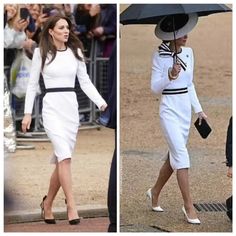 two pictures of women in white dresses and hats, one is holding an umbrella while the other