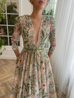 Whispering Forest Gown | Teuta Matoshi Floral Print Lace Dresses For Gala, Wedding Lace Gown With Floral Print