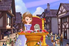 an animated image of a princess and her dog in front of a crowd of people