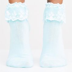 Nwt Baby Blue Ruffled Socks; One Size Cute Blue Spring Socks, Cute Lace Trim Socks For Spring, Black Knee High Socks, Halloween Tights, Socks Gym, Hunter Boots Socks, Wool Blend Socks, Ruffled Socks, Heart Socks