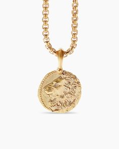 Leo Amulet in 18K Yellow Gold, 27mm Gold Lion Pendant Jewelry, Luxury Tarnish Resistant Coin Jewelry, Luxury Tarnish-resistant Medallion Jewelry, Luxury Yellow Gold Coin Pendant Jewelry, Luxury Yellow Gold Jewelry With Coin Pendant, 14k Gold Medallion With Box Chain, Luxury Jewelry With Coin Pendant, Yellow Gold Coin-shaped Jewelry With Polished Finish, Yellow Gold Coin Jewelry With Polished Finish