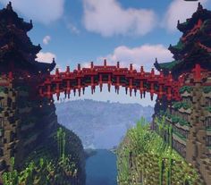 a red bridge over a river surrounded by mountains and greenery in minecraft video game