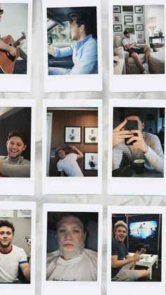 several polaroid photographs of men playing guitar and singing in the living room, with one man taking a selfie