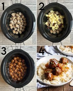 four pictures showing the steps in how to make crock pot meatballs and rice