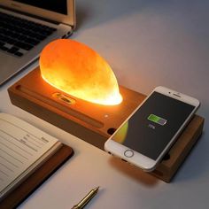 Sunrise Scene Himalayan Salt Led Lamp with Wireless Charger - MaviGadget Sunrise Lamp, Integrated Desk, Rock Lamp, Himalayan Rock Salt, Salt Lamps, Himalayan Salt Lamp, Table Led, Salt Lamp, Cell Phone Stand