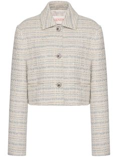 ivory/grey/blue cotton blend tweed spread collar front button fastening embellished buttons long sleeves two side welt pockets straight hem full lining Luxe Wardrobe, White Tweed Jacket, Valentino Jacket, Pierpaolo Piccioli, Tweed Shorts, Fall 24, Blue Tweed, White Tweed, Valentino Women