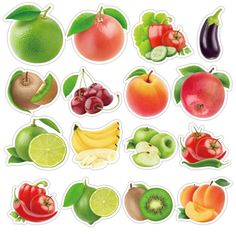 various fruits and vegetables stickers on a white background