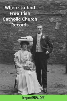 a man and woman standing next to each other in front of a stone wall with the words where to find free irish catholic records