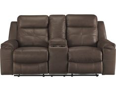 the reclining loveseat has two seats and a cup holder on top of it