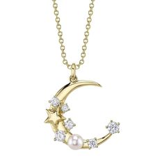 0.30ctw Diamond & Cultured Pearl Crescent Moon Necklace Moon Star Necklace, Louis Moinet, Crystal Figurines, Crescent Moon Necklace, Moon Charm, Moon Star, Black Friday Shopping, Moon Necklace, Star Necklace