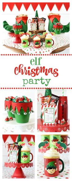 an elf themed christmas party with red and green cups, candy bars, cookies and marshmallows