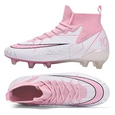 a pair of pink and white soccer shoes