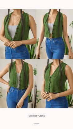 four photos of a woman wearing a green cardigan sweater and jeans, with her hands on her hips