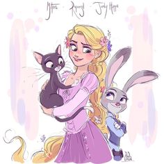 a woman holding a cat and rabbit in her arms with the caption, miss piggy's fairy tale