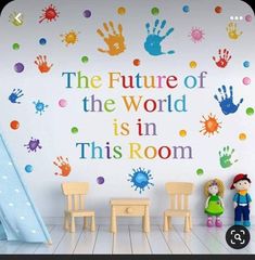 a child's room with colorful wall decals and toys