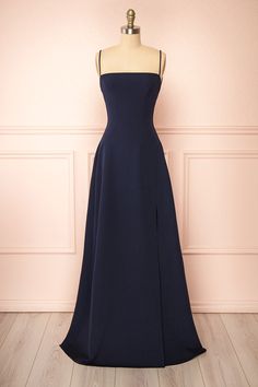 Izabella Navy A-line Maxi Dress w/ Open Back | Boudoir 1861 front view Navy Grad Dresses, Purple Grad Dresses, Blue Grad Dresses, Dresses Navy Blue, Indigo Dress, Short Dress Styles, Dress Fabrics, A Line Maxi Dress, Long Blue Dress