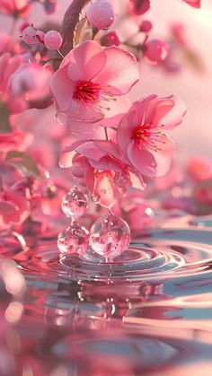 pink flowers are floating in the water