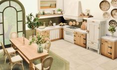 a painting of a kitchen with white appliances and wooden cabinets, potted plants on the counter