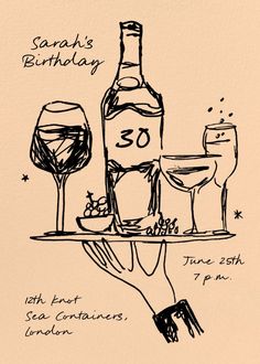 a bottle of wine and two glasses on a tray with the words sands birthday written in black ink