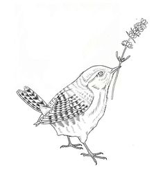 a black and white drawing of a bird with a flower in it's beak