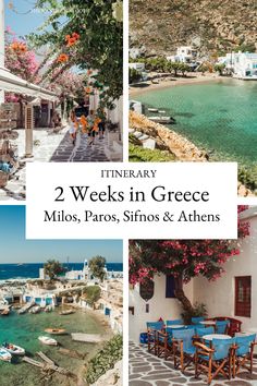 two photos with the words, 2 weeks in greece, and an image of boats on the water