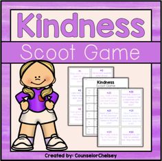 a purple and white poster with the words, kindness scoot game