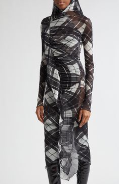 Make a fierce fashion statement in this artfully gathered plaid midi—a nod to the iconoclastic designer's coveted mesh styles that first garnered fans in the '90s. A cascading ruffle and lettuce-edged trim subtly sweeten the look. Slips on over head Mock neck Long sleeves Unlined 100% polyamide Dry clean Made in Italy Designer Clothing Mesh Midi Dress, Paul Gaultier, Jean Paul Gaultier, Jean Paul, Nordstrom Dresses, Black Grey, Mock Neck, Fashion Statement, Grey And White