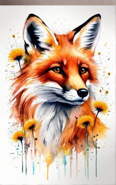 a painting of a fox with yellow flowers