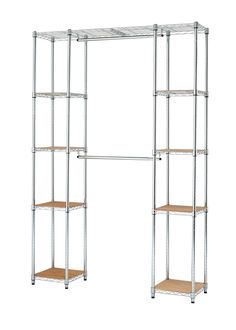 a metal shelving unit with four shelves and two wooden shelves on each side, against a white background