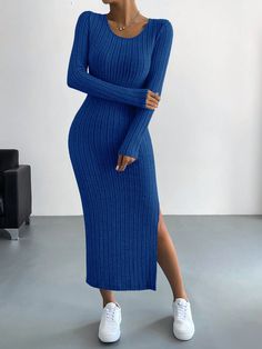 Royal Blue Casual,Elegant Collar Long Sleeve Fabric Plain  Embellished High Stretch  Women Clothing Chique Outfit, Minimalist Dresses, Winter Party Dress, Royal Blue Dresses, Dress Gift, Comfortable Dress, Outfit Casual, Hem Dress, Waist Dress