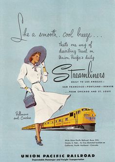 a woman in a white dress and hat is standing next to a yellow train that says, like a smooth cool breeze