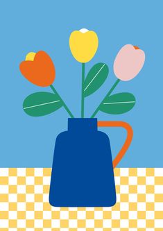 a blue watering can with flowers in it on a checkered tablecloth pattern background