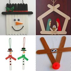 four different christmas ornaments made from popsicle sticks