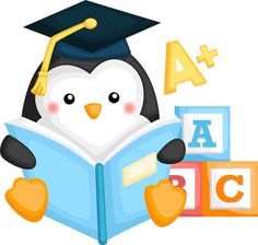 a penguin is reading a book while wearing a graduation cap and holding blocks with letters