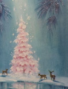 a painting of a christmas tree in the snow