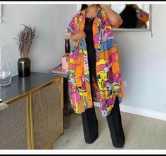 A beautiful kimono that would become your favorite,it's perfect for movies,dinner,weddings and everywhere! please note that exact fabric might not be available,but be rest assured that we will provide similar options. made to order for you, customizations are welcome.  made with 100% cotton  care: share more Kampala Styles For Women In Nigeria, Tops African Print, African Clothing Women, Blouse Outfit Work, African Print Jacket, African Print Kimono, African Wears, African Pants, Ankara Kimono