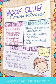 a poster with the words book club conversations on it and an image of a child's head