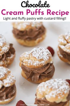 chocolate cream puffs recipe on a white plate with raspberries