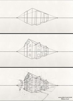 three different views of the same house from each side, with lines drawn on them