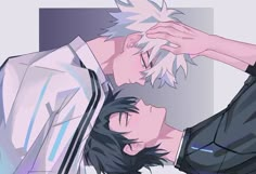 two anime characters one is hugging the other's head with his hands on his forehead