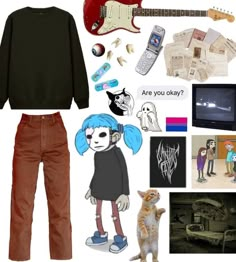 an assortment of items that include a guitar, shirt, pants, and other things