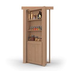 an open cabinet with spices and condiments on the bottom shelf, in front of a white background