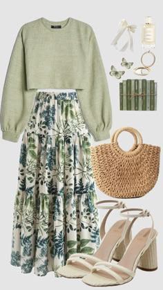 #churchoutfit #sweater #skirt #longskirt #beauty #spring #summer #sagegreen #greenaesthetic #outfit #modestfashion #easter #earthy #ootd Everyday Fashion Outfits, Neue Outfits, Church Outfits, Really Cute Outfits, Girly Outfits, Casual Style Outfits