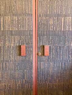 two wooden doors with metal handles in front of a blue wallpapered area that has words written all over it